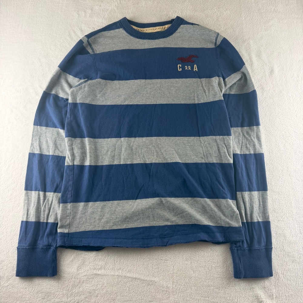Hollister Vintage Long Sleeve Shirt Striped Blue Grey Mens L Casual Logo Tee